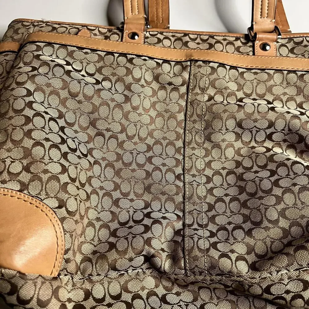 Coach Tote Bag Womens Large‎ Brown Signature Jacquard Leather Shoulder Stripe